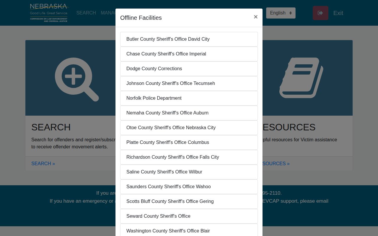 NEVCAP listing for Chase County Sheriff's Office with offline facility status